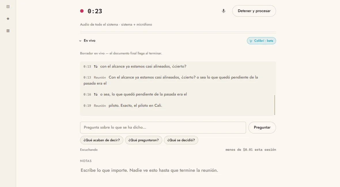 Sinsonte desktop app showing a live transcript filling in during a recording, with speaker labels and a timestamp on every line